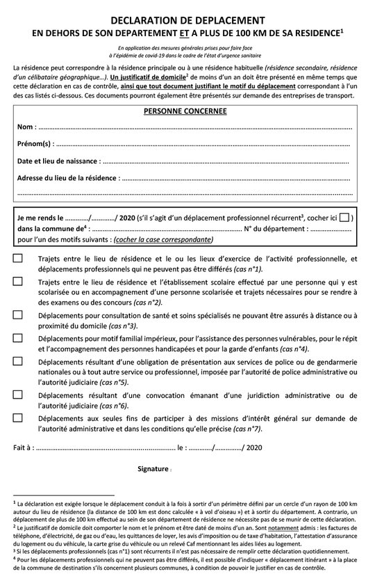 Déclaration de déplacement 100km (pdf) - PDF - 74.6 ko
